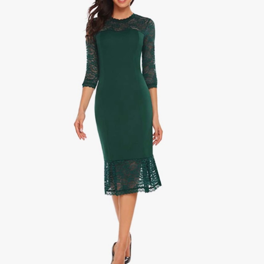 Green Lace Midi Dress | NWT | 3/4 Sleeve Cocktail Evening Dress